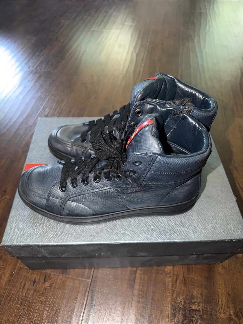Prada Men's Navy High-Top Leather Sneakers